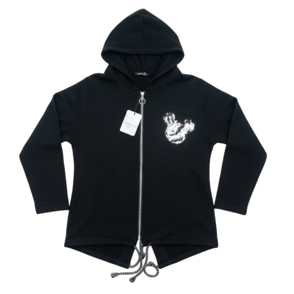 DISNEY - JIE’S Black Sequin Mouse-Head Hoodie — Unique Scallop Hem, Adult L -NEW
